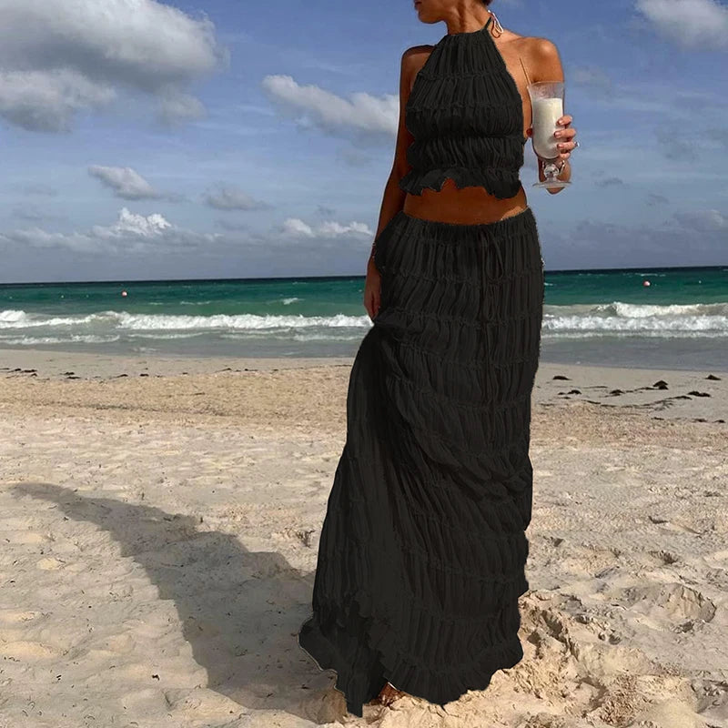 Vrouwen Boho Sexy Backless Bijpassend Pak 2-delig Strandvakantie Outfits Vintage Ruches Halter Cami Tops + Maxi Lange Rok Feest