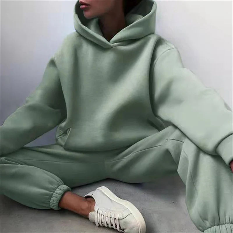 Dames trainingspak herfstmode warme hoodie sweatshirts twee stukken oversized effen casual hoody truien lange broeksets