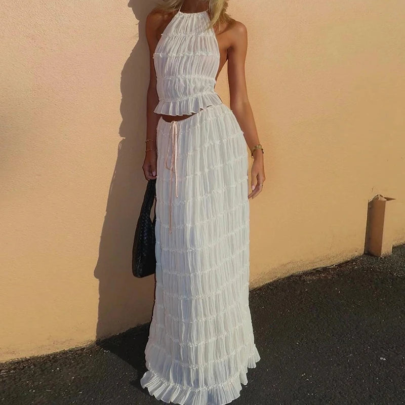 Vrouwen Boho Sexy Backless Bijpassend Pak 2-delig Strandvakantie Outfits Vintage Ruches Halter Cami Tops + Maxi Lange Rok Feest
