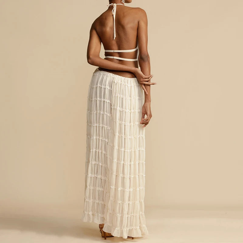 Vrouwen Boho Sexy Backless Bijpassend Pak 2-delig Strandvakantie Outfits Vintage Ruches Halter Cami Tops + Maxi Lange Rok Feest