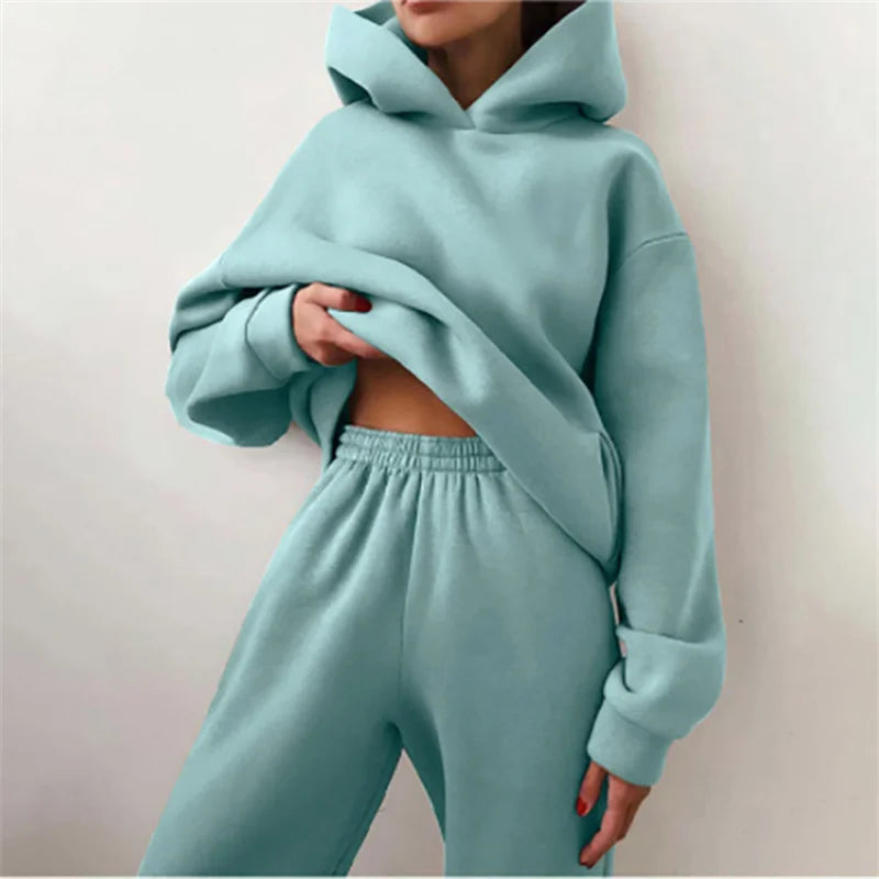 Dames trainingspak herfstmode warme hoodie sweatshirts twee stukken oversized effen casual hoody truien lange broeksets