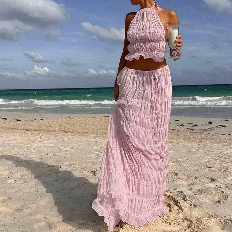 Vrouwen Boho Sexy Backless Bijpassend Pak 2-delig Strandvakantie Outfits Vintage Ruches Halter Cami Tops + Maxi Lange Rok Feest