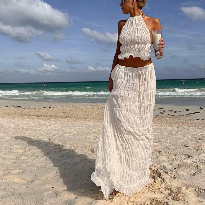 Vrouwen Boho Sexy Backless Bijpassend Pak 2-delig Strandvakantie Outfits Vintage Ruches Halter Cami Tops + Maxi Lange Rok Feest
